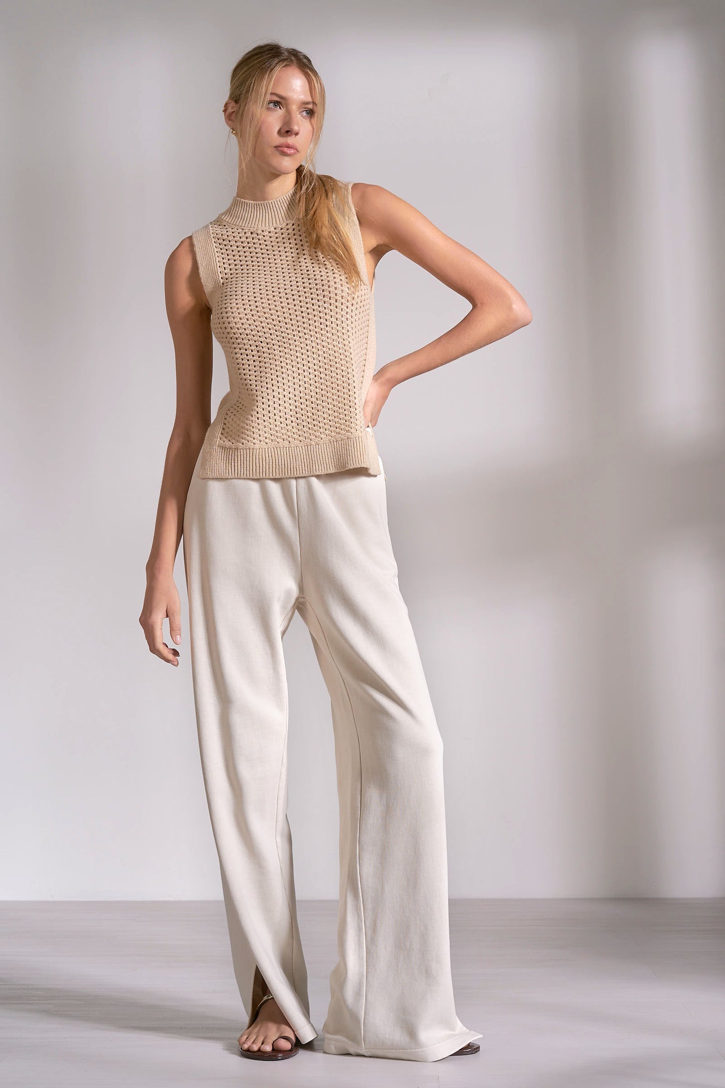Open Knit Sweater Tank Top - Sand