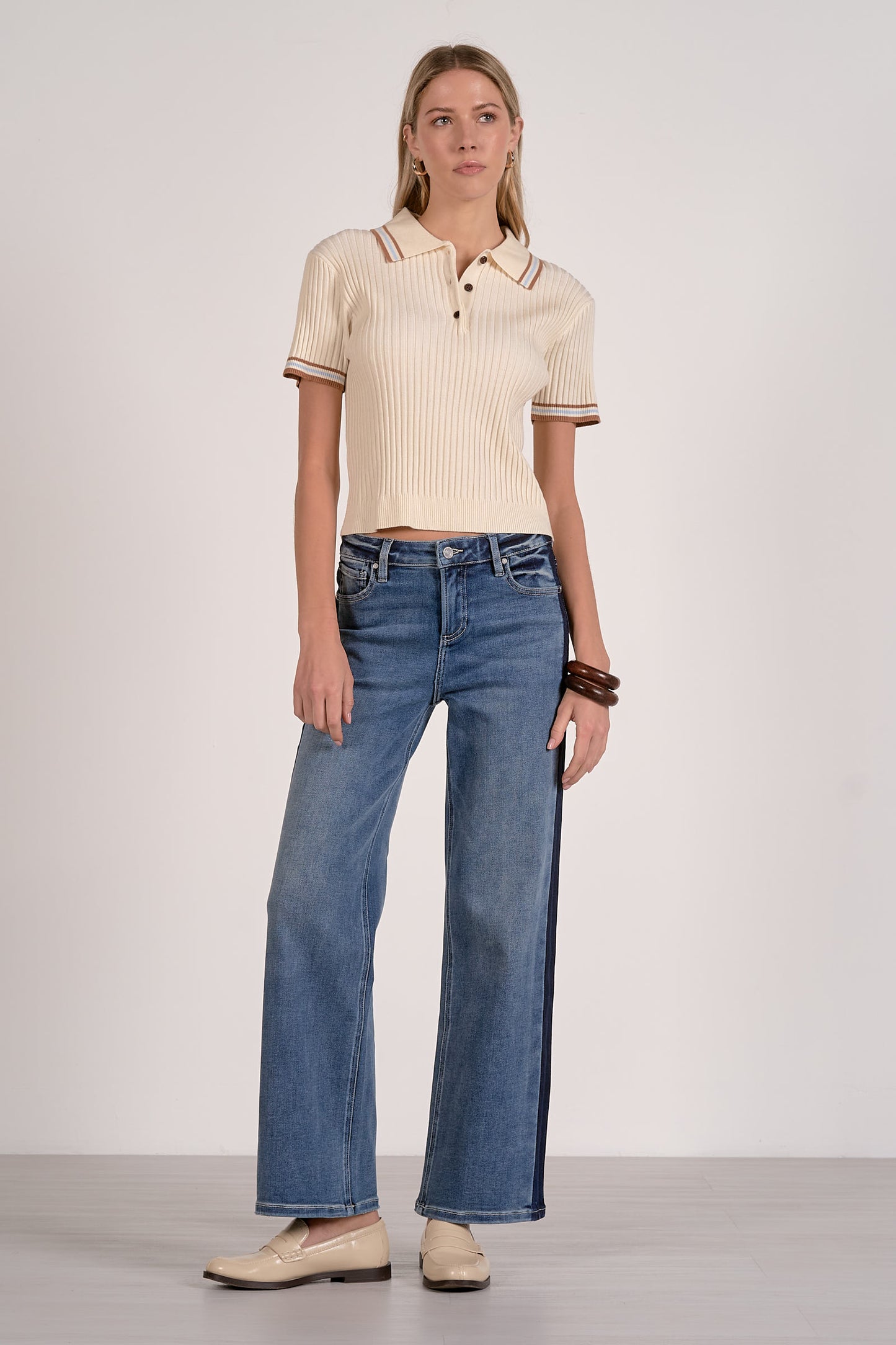 Collared Short Sleeve Sweater Tee - Cream