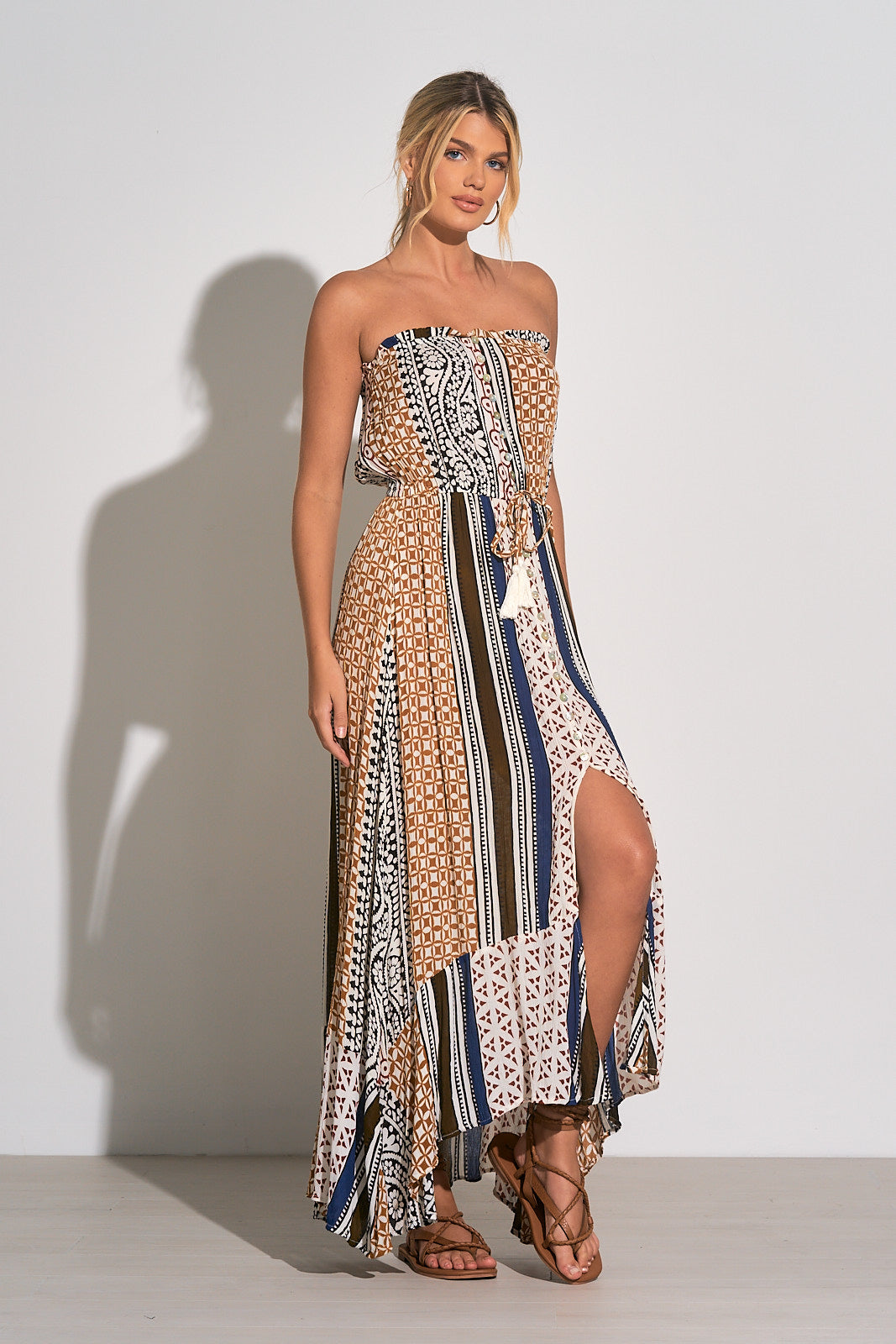 Strapless Maxi Dress with Front Slit - Brown Marrakesh