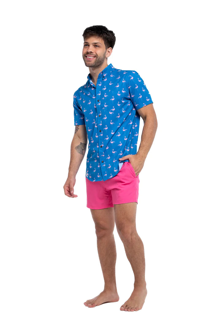 Performance Short Sleeve Button-Down Shirt - Crazy Flamingo