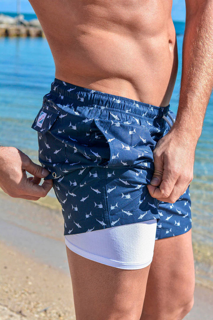 Classic Swim Shorts with Compression Liner - Sharks