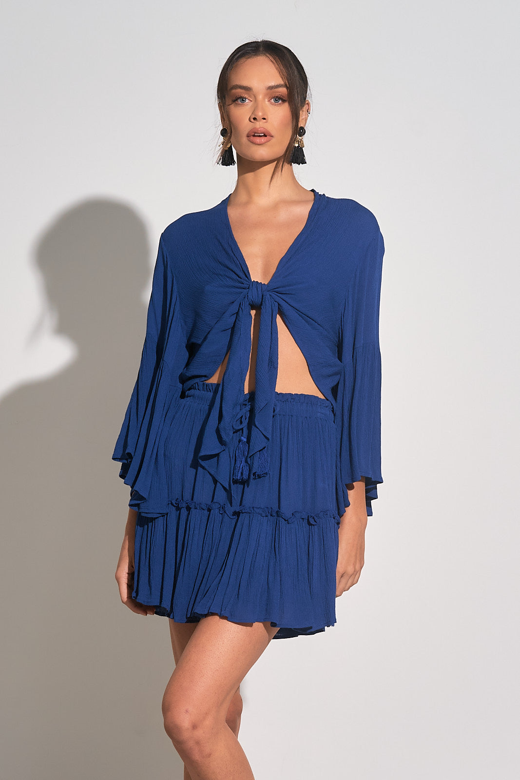 3/4 Bell Sleeve Tie Front Top (One-Size) - Royal