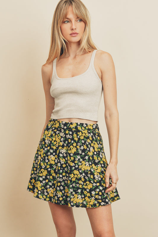 Faith A-Line Mini Skirt - Black/Yellow Floral