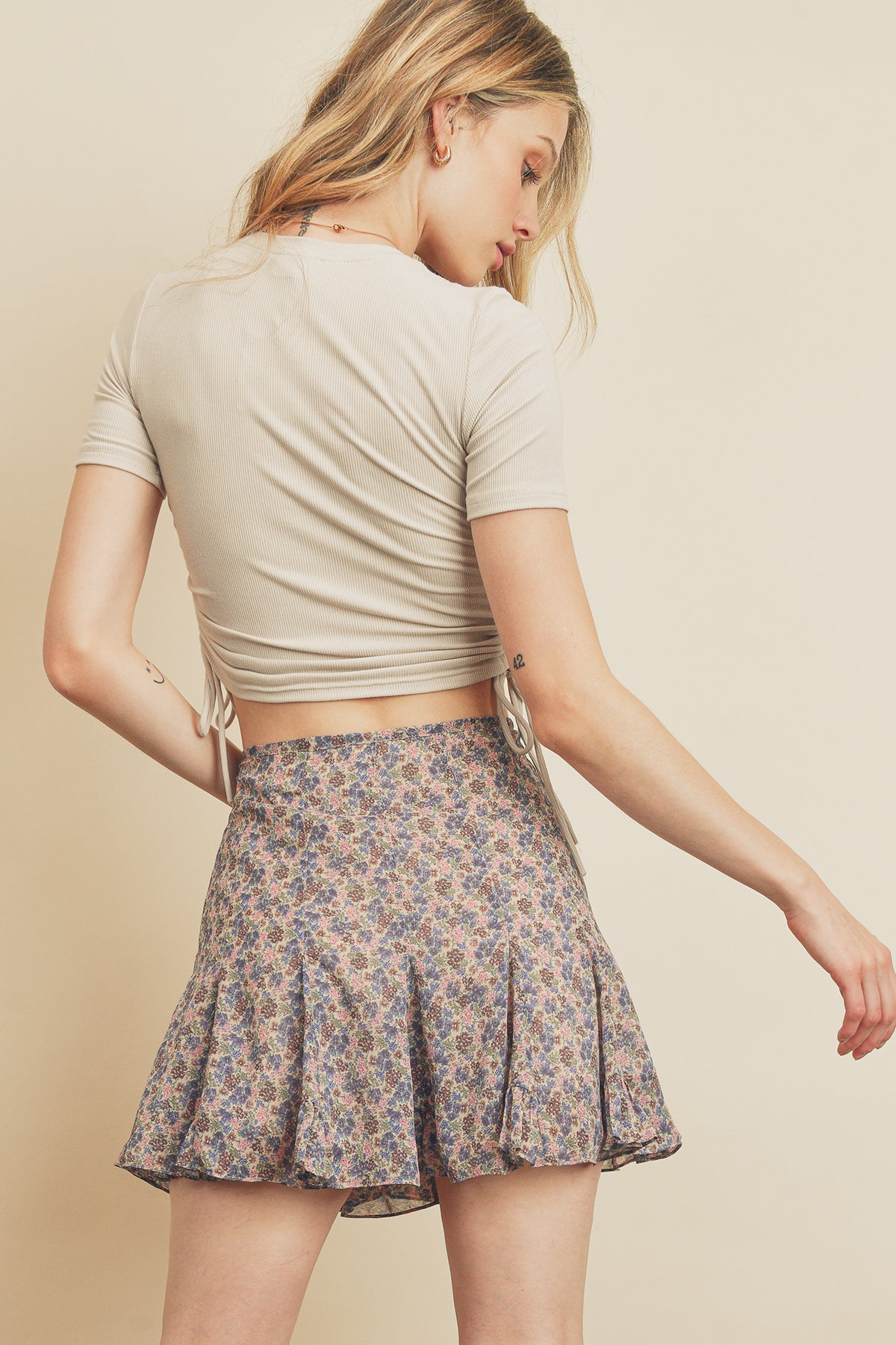 Ditsy Floral Flared Mini Skirt - Blue/Pink Floral