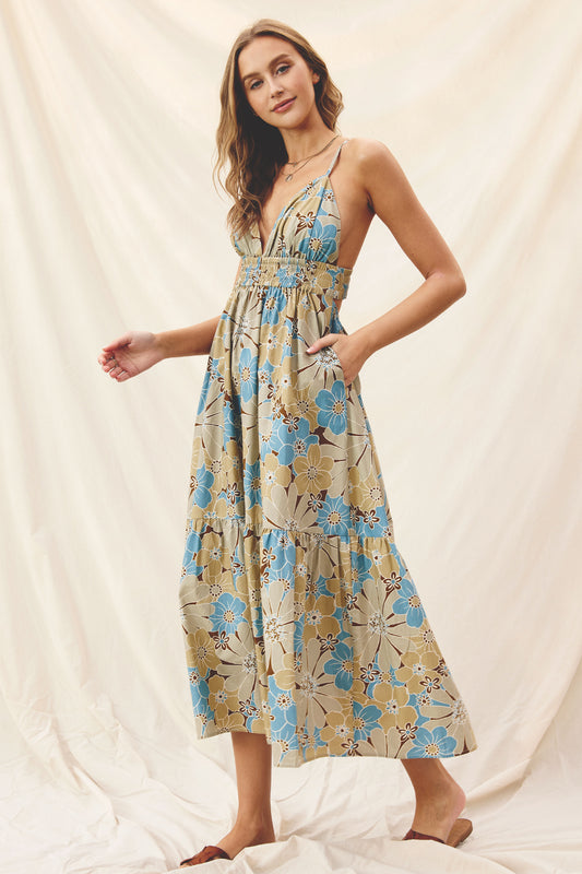 Dress Forum Lily Pad Cutout Detail Maxi Dress - Taupe/Blue Floral