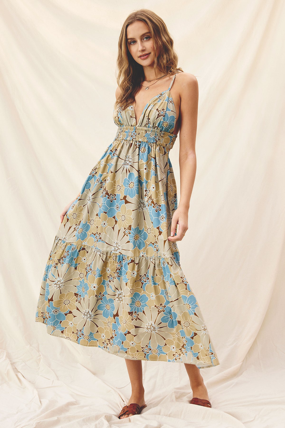 Lily Pad Cutout Detail Maxi Dress - Taupe/Blue Floral