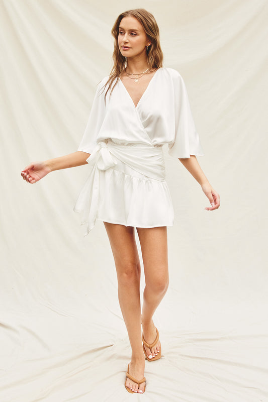 Dress Forum Satin Flutter Sleeve Romper - Off White