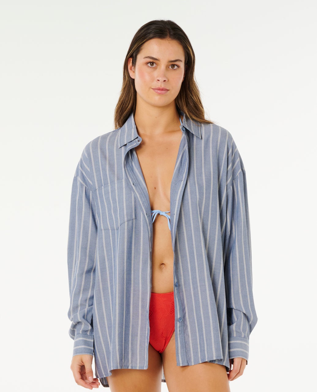 Beach Days Pinstripe Long Sleeve Button-Down Shirt - Dusty Blue