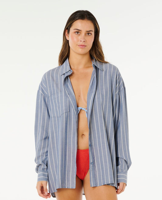 Beach Days Pinstripe Long Sleeve Button-Down Shirt - Dusty Blue