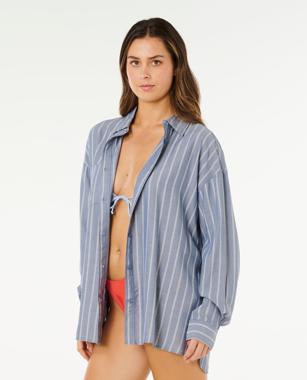 Beach Days Pinstripe Long Sleeve Button-Down Shirt - Dusty Blue