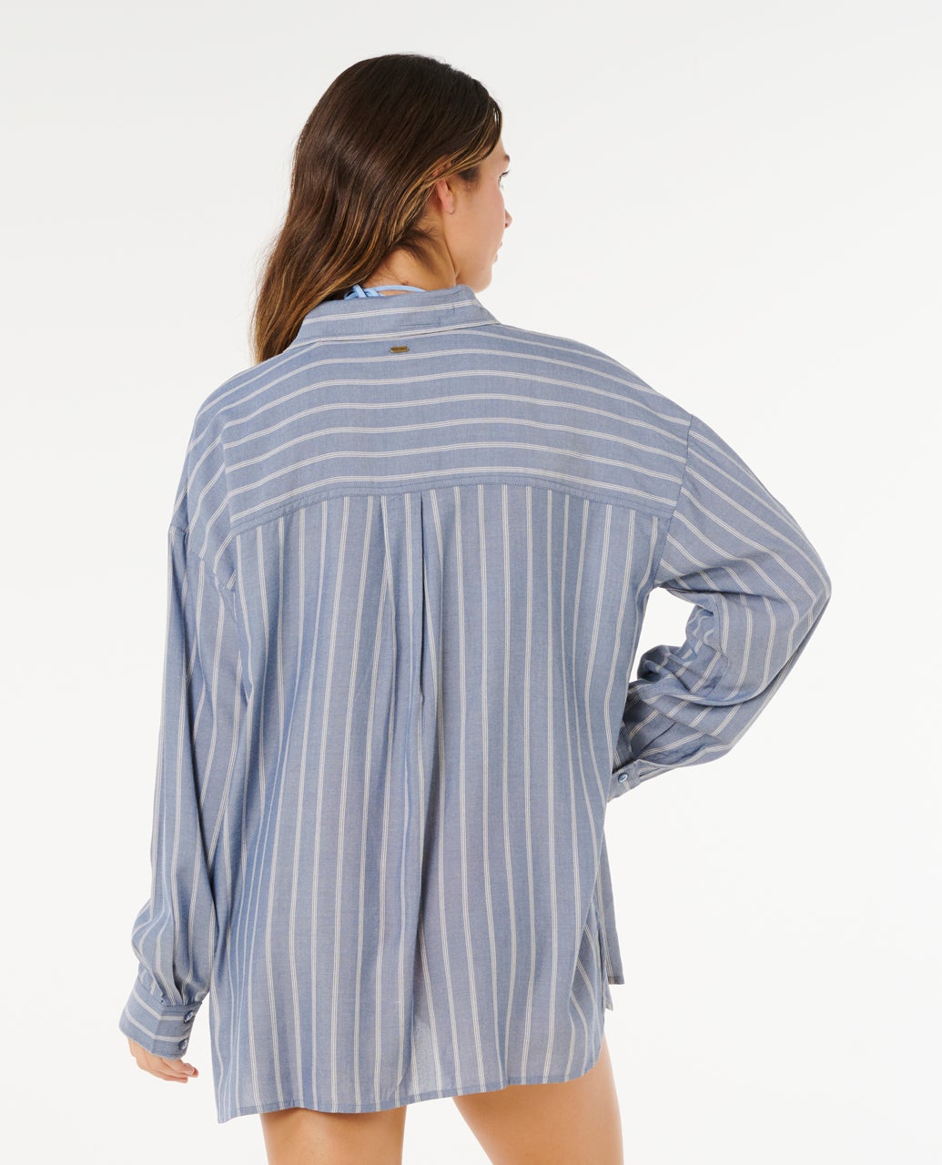 Beach Days Pinstripe Long Sleeve Button-Down Shirt - Dusty Blue