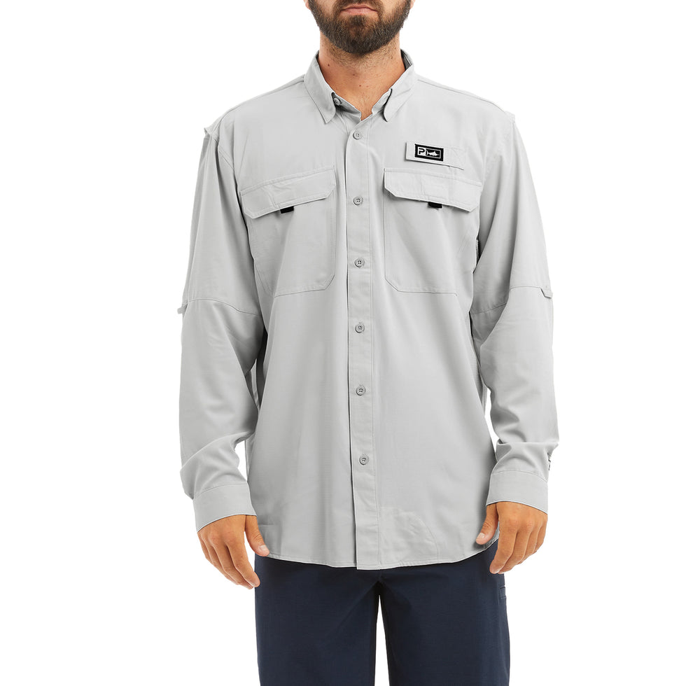 Keys Long Sleeve Button-Down Guide Fishing Shirt - Light Grey