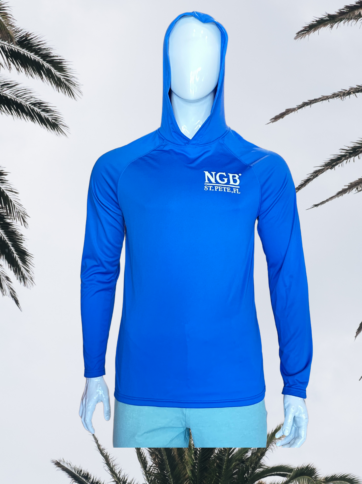 Long Sleeve UPF Sun Shirt with Hood - Royal Blue - White St. Pete Pelican