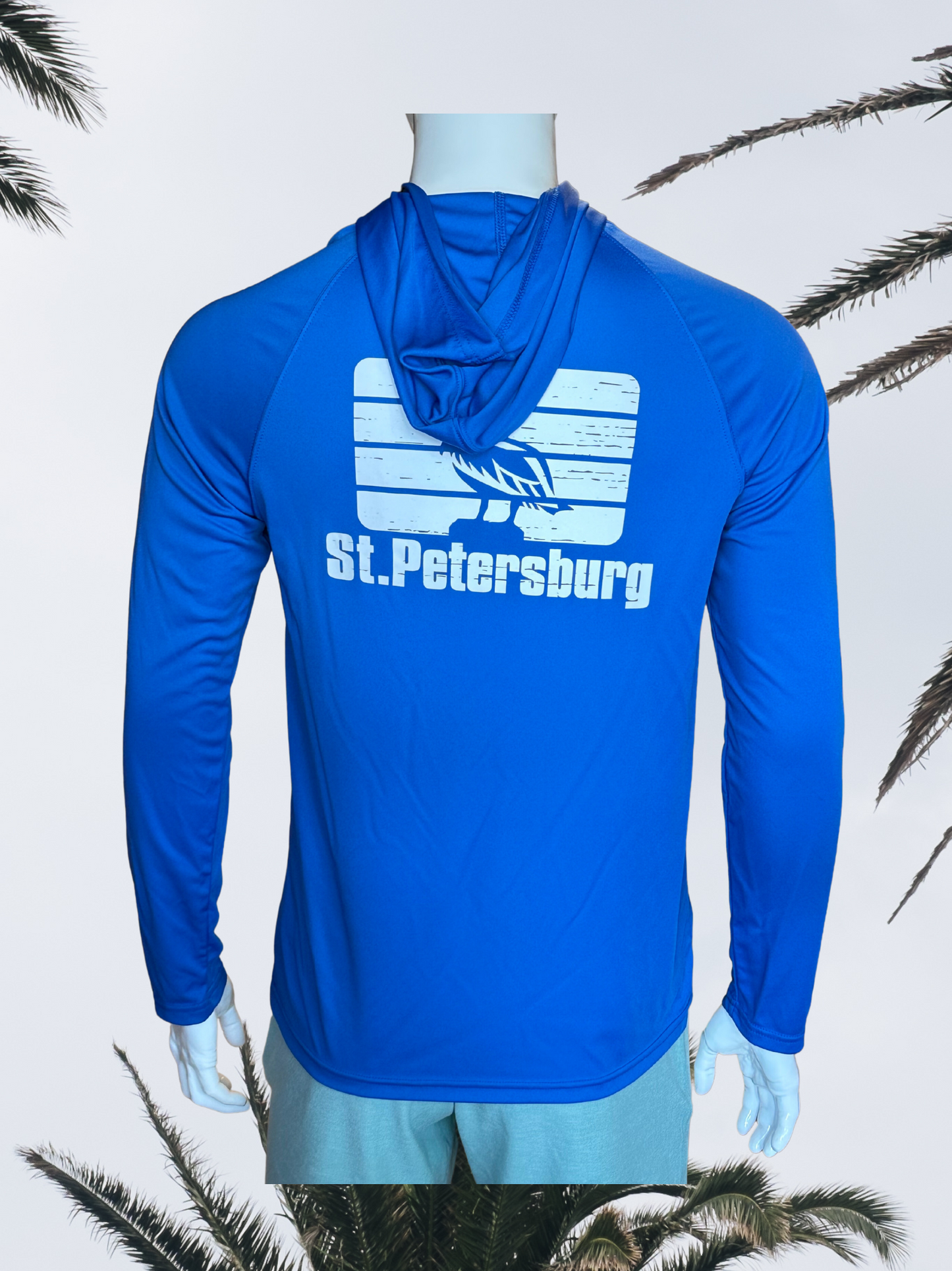 Long Sleeve UPF Sun Shirt with Hood - Royal Blue - White St. Pete Pelican