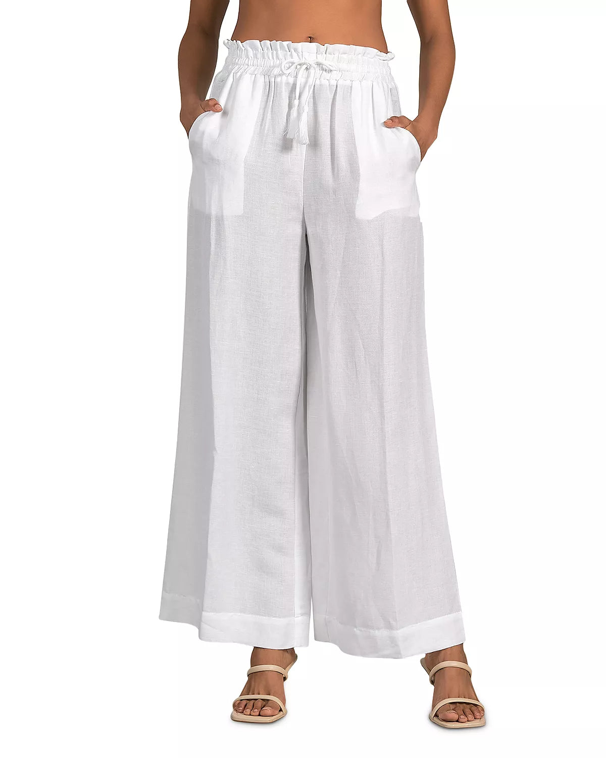 Wide Legs Drawstring Linen Pants with Slash Pockets - White