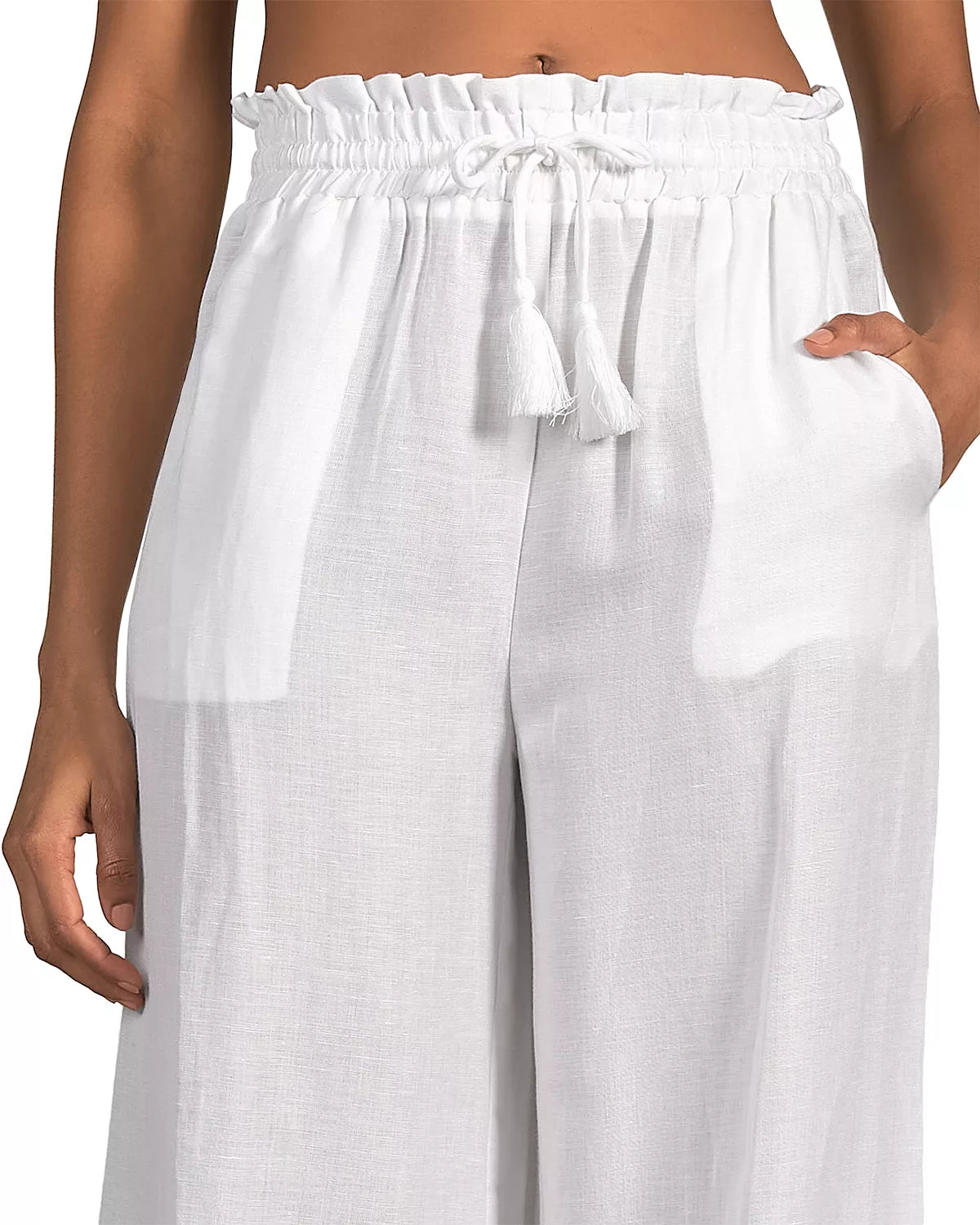 Wide Legs Drawstring Linen Pants with Slash Pockets - White