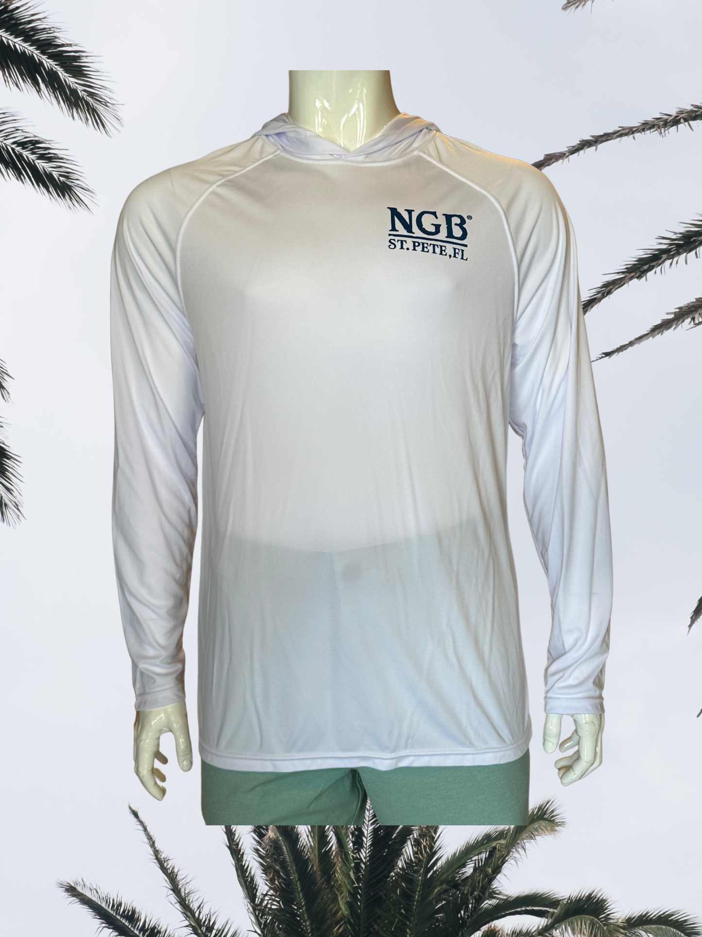 Long Sleeve UPF Sun Shirt with Hood - White - Blue St. Pete Pelican