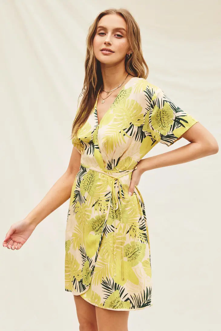 Tropical Daze Wrap Mini Dress - Apricot/Green