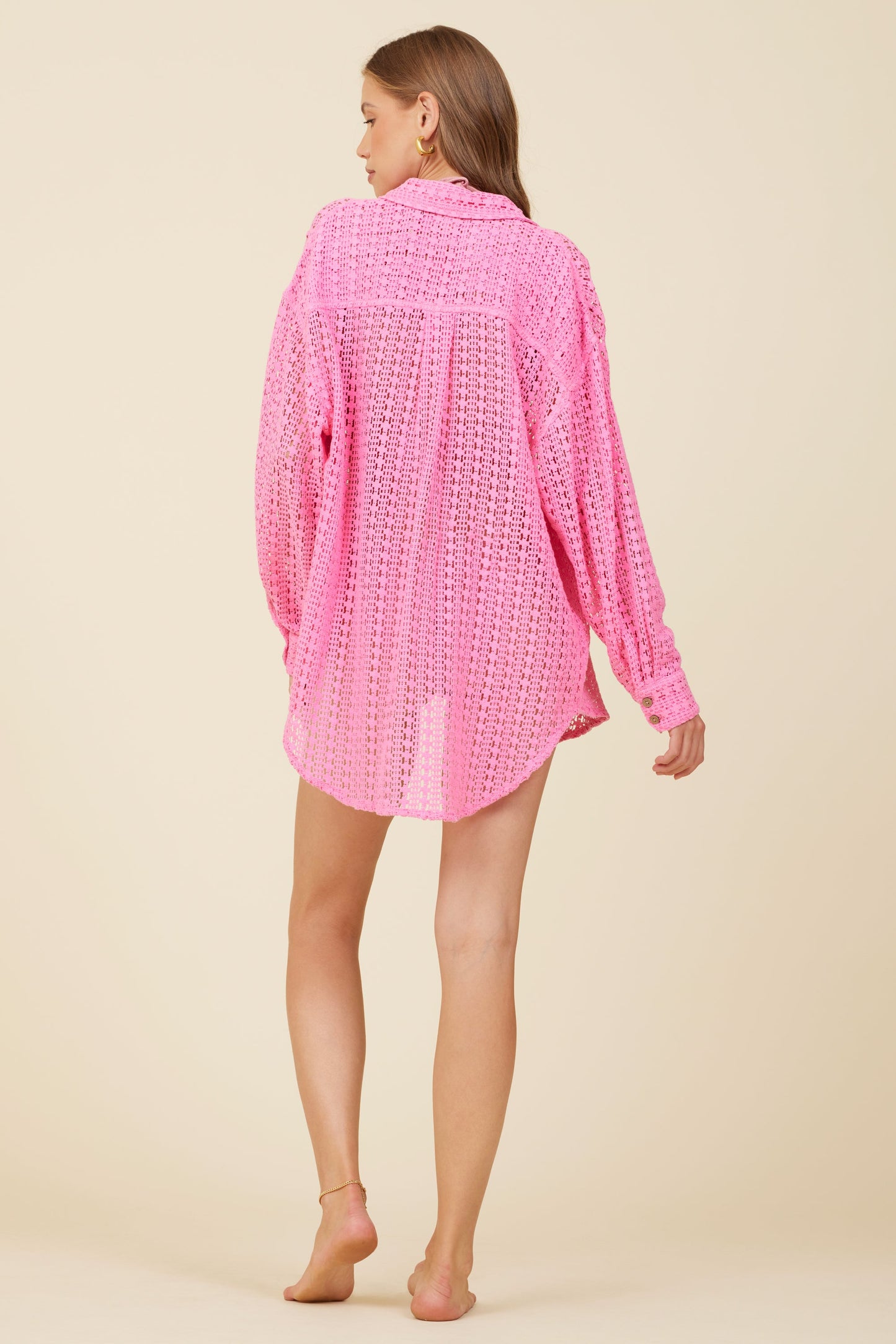 Long Sleeve Button-Down Coverup Shirt - Hot Pink