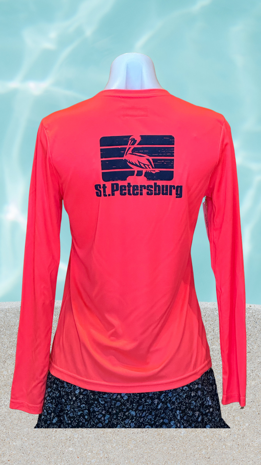Women's Long Sleeve UPF Sun Shirt - Coral - Blue St. Pete Pelican