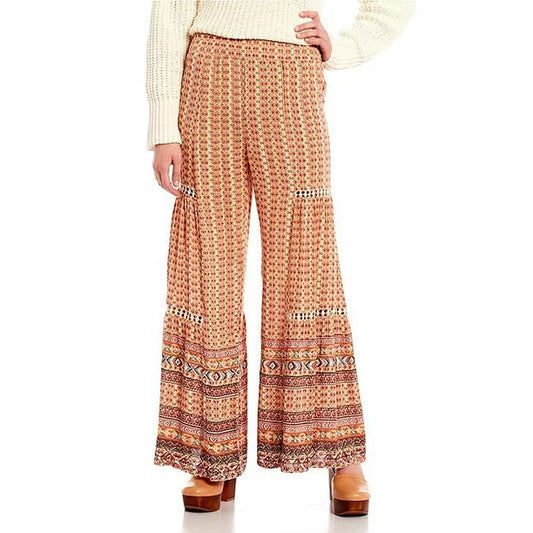 Wide Leg Pants with Lace Inserts - Tan