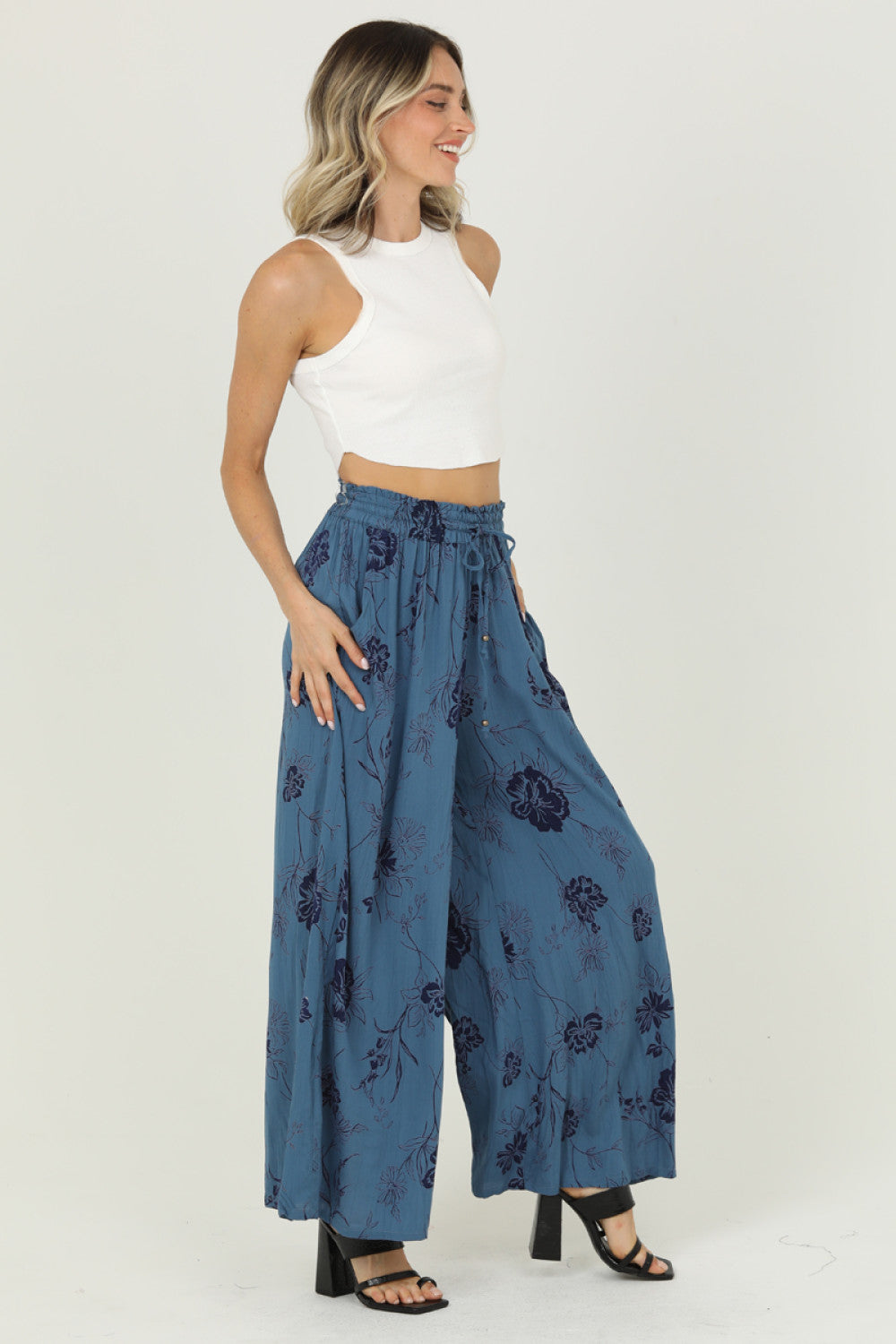 Wide Leg Pants with Smocked Waistband - Midnight