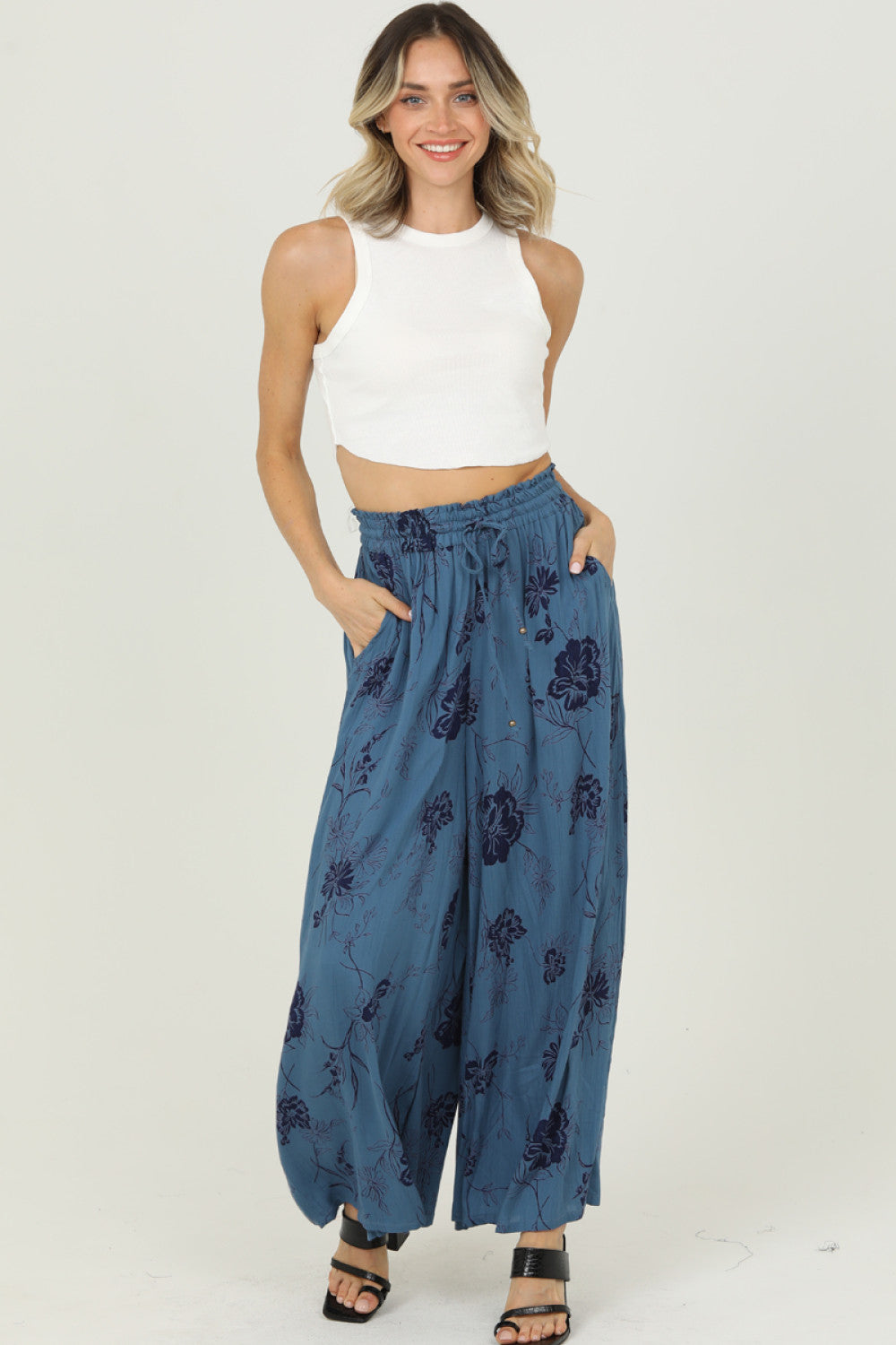 Wide Leg Pants with Smocked Waistband - Midnight