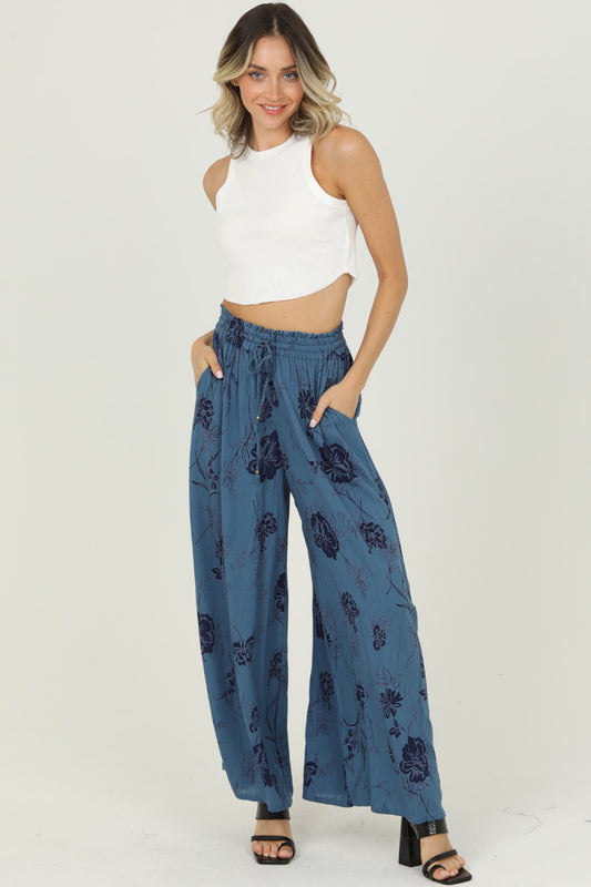 Wide Leg Pants with Smocked Waistband - Midnight