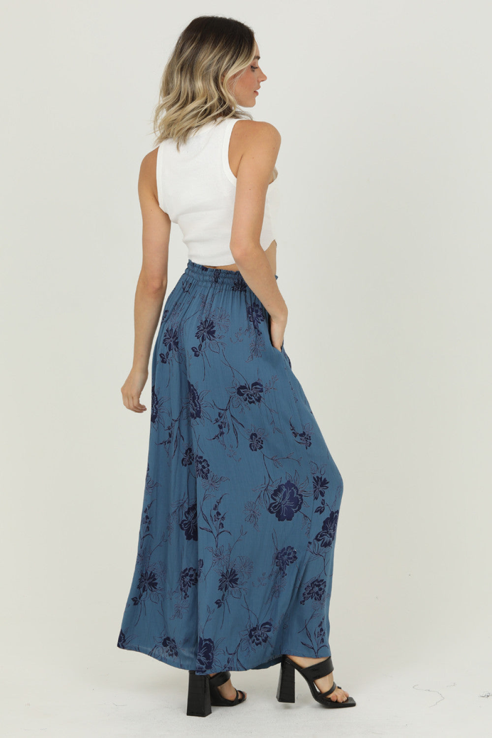 Wide Leg Pants with Smocked Waistband - Midnight