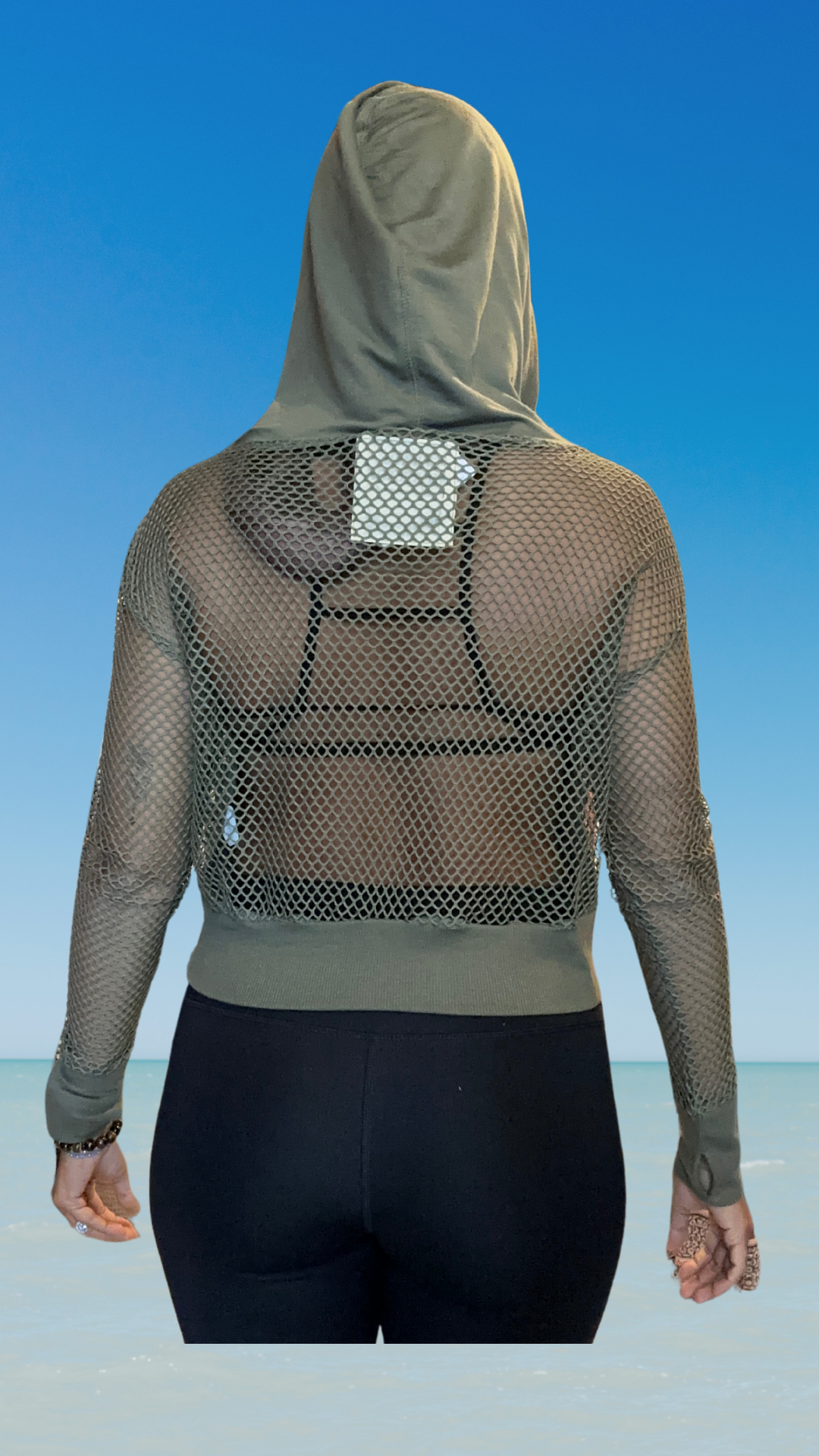 Women's Long Sleeve Mesh Hoodie - Olive - Kaia Logo (Front) - White Text