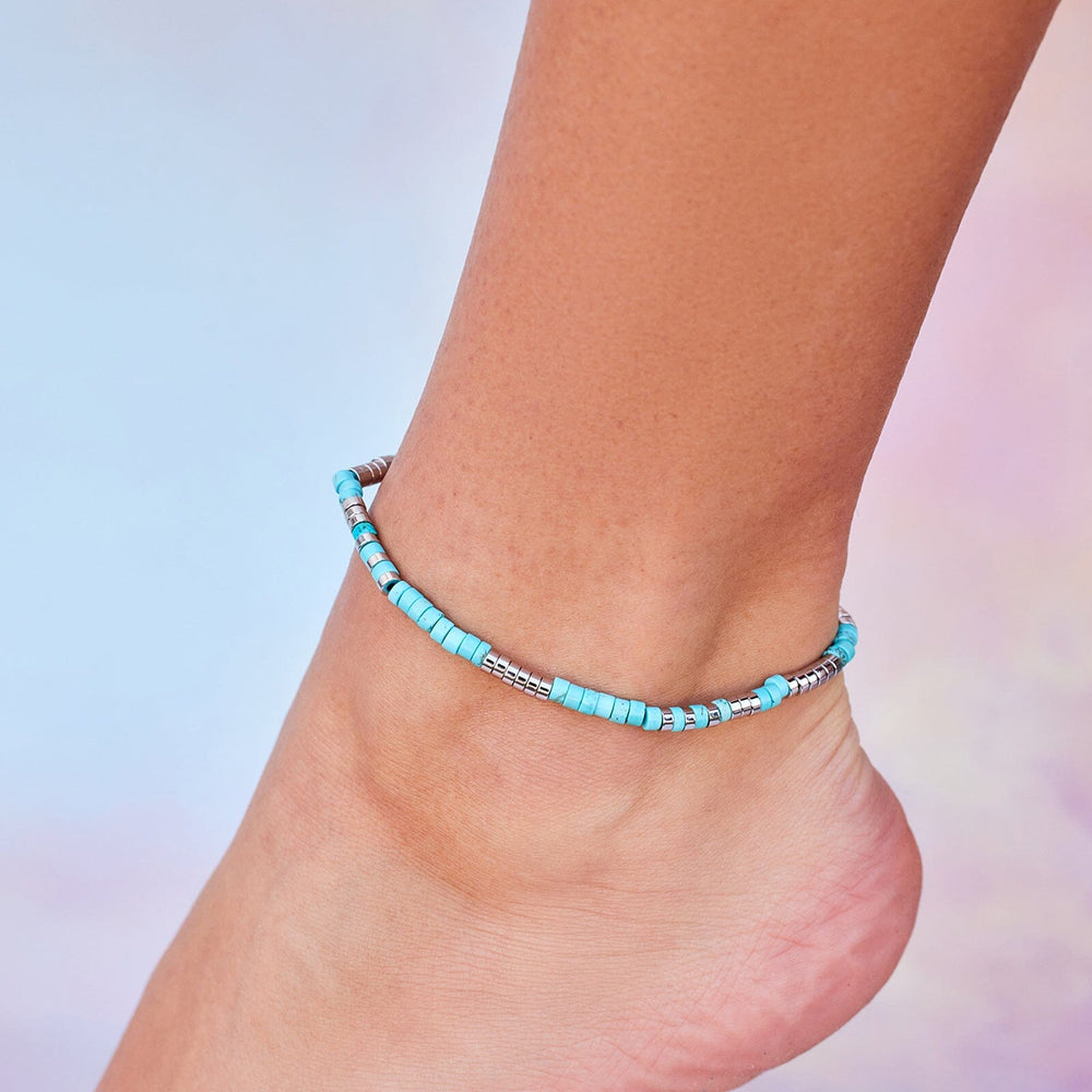 Stretch Anklet - Turquoise Bead Stretch - Silver