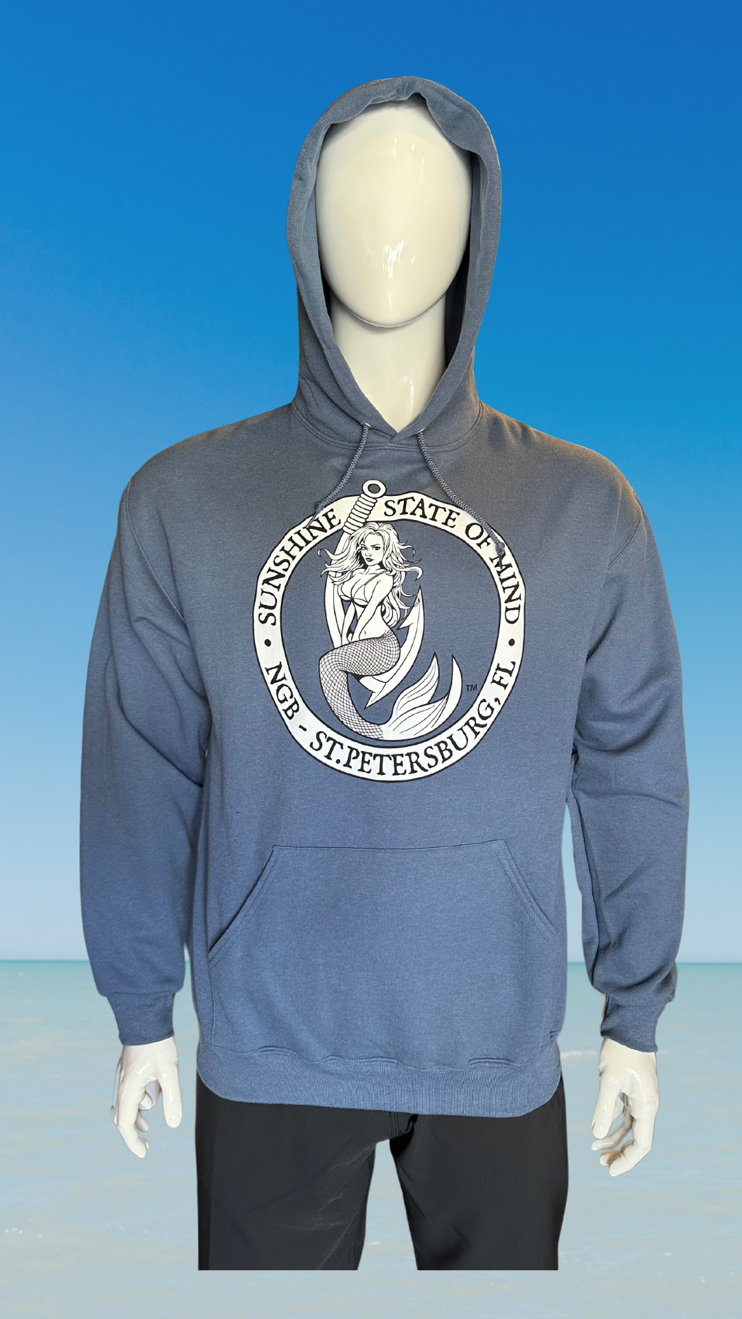 Pullover Hoodie - Denim - Black/White Kaia on FL Seal (Front)