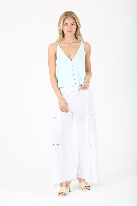 Wide Leg Pants with Lace Inserts - White
