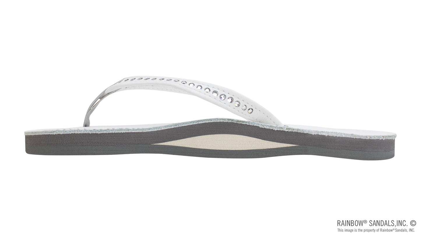 Single Arch Narrow Strap Crystal Sandals - White