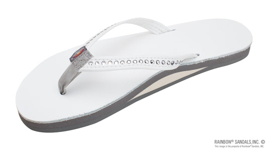 Single Arch Narrow Strap Crystal Sandals - White