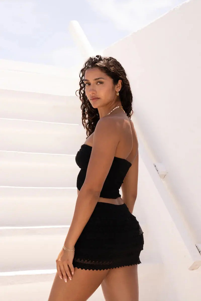 Drawstring Crochet Skort - Black