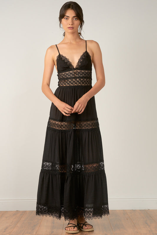Elan Tiered Lace Maxi Dress - Black