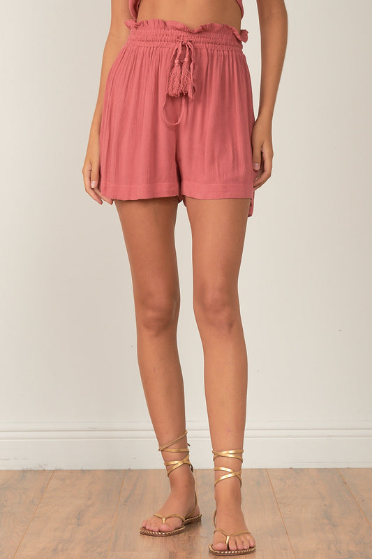 Shorts with High Smock Waistband - Rose