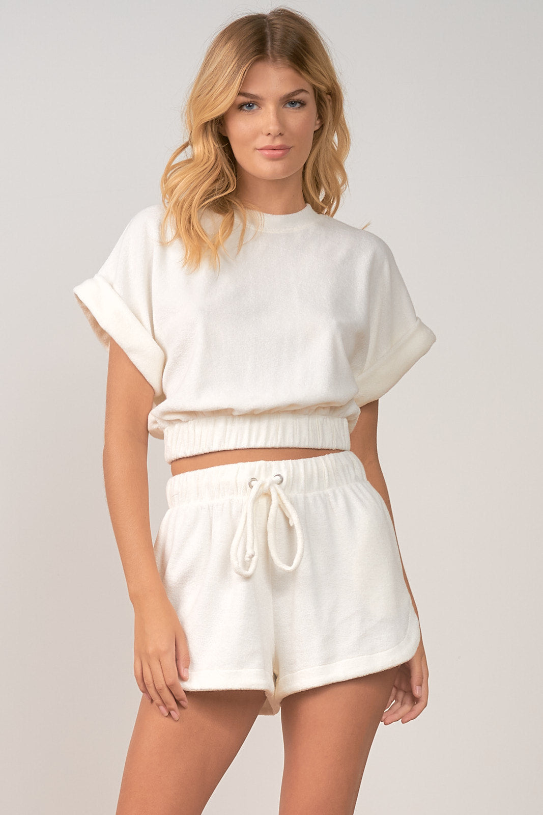 Short Sleeve Terry Top with Elastic Waist Band - Ivory