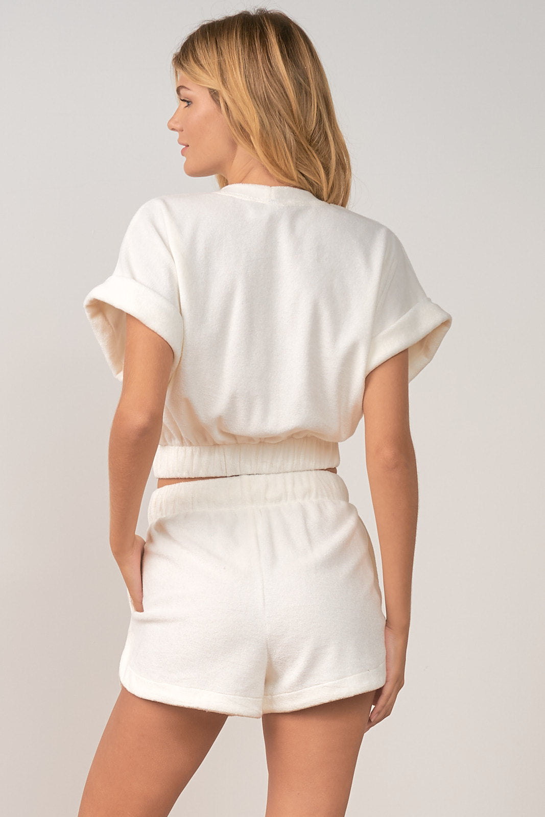 Short Sleeve Terry Top with Elastic Waist Band - Ivory