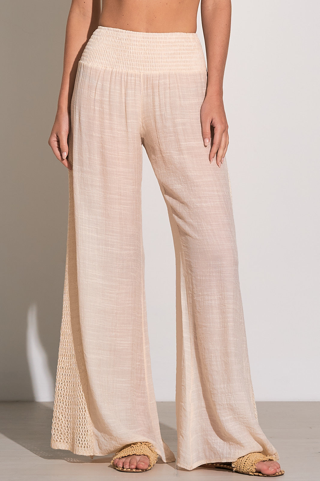 Wide Leg Pants with Crochet Sides - Natural