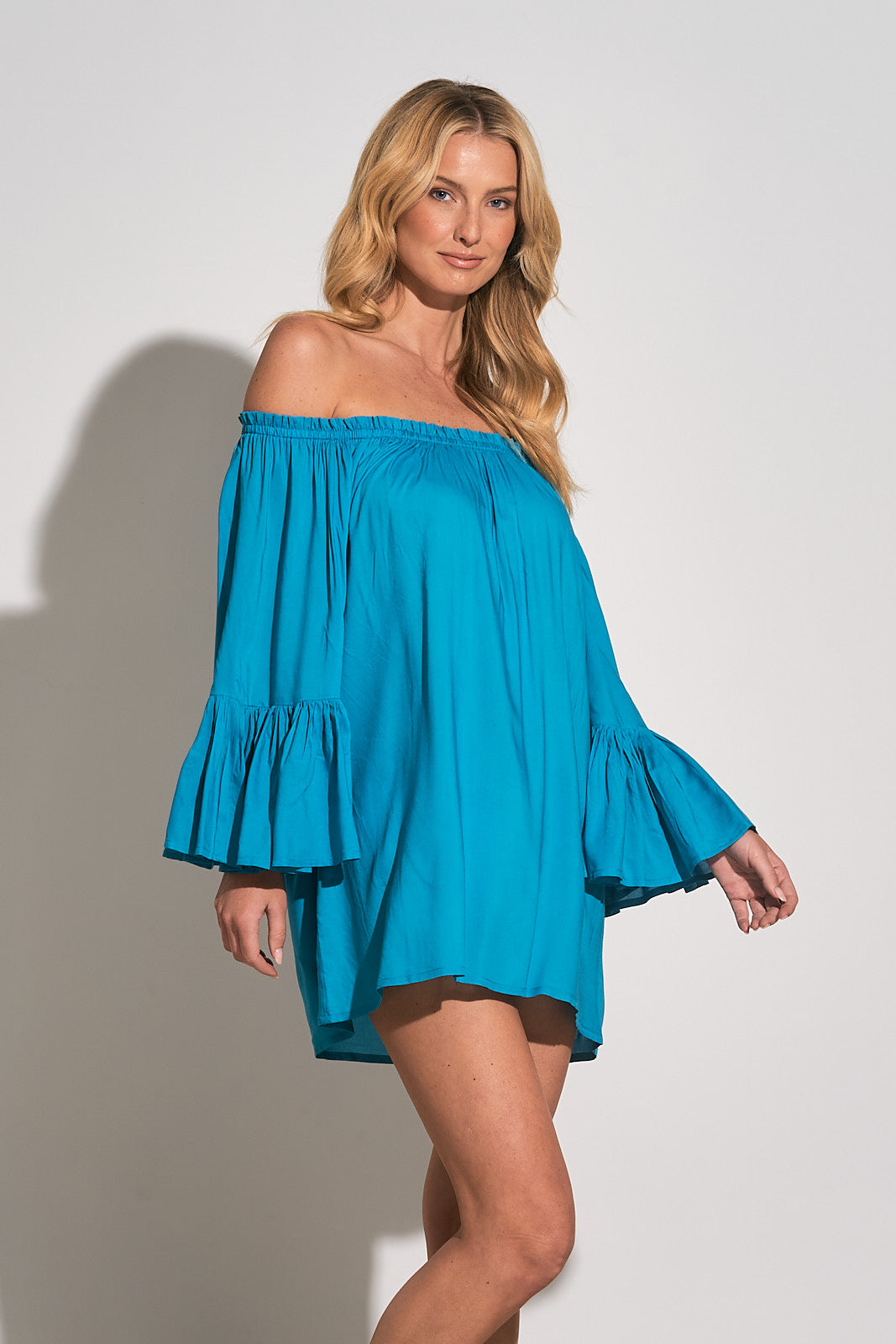 Long Sleeve Off Shoulder Mini Dress (One-Size) - Aqua