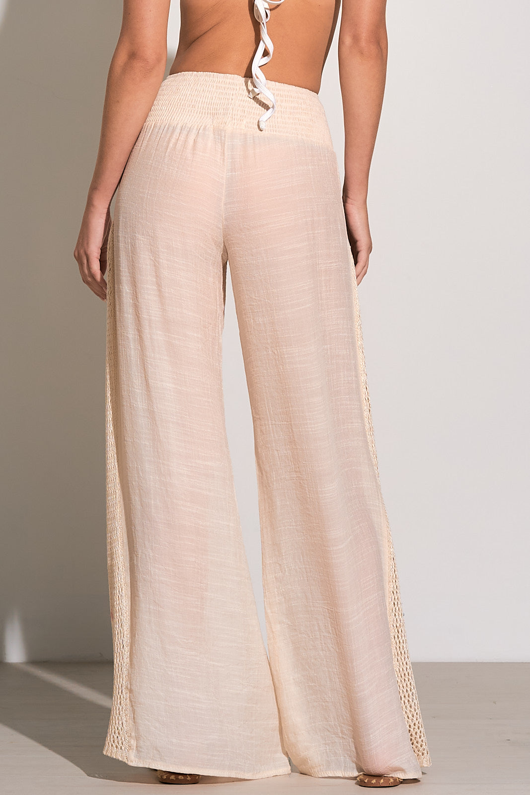 Wide Leg Pants with Crochet Sides - Natural