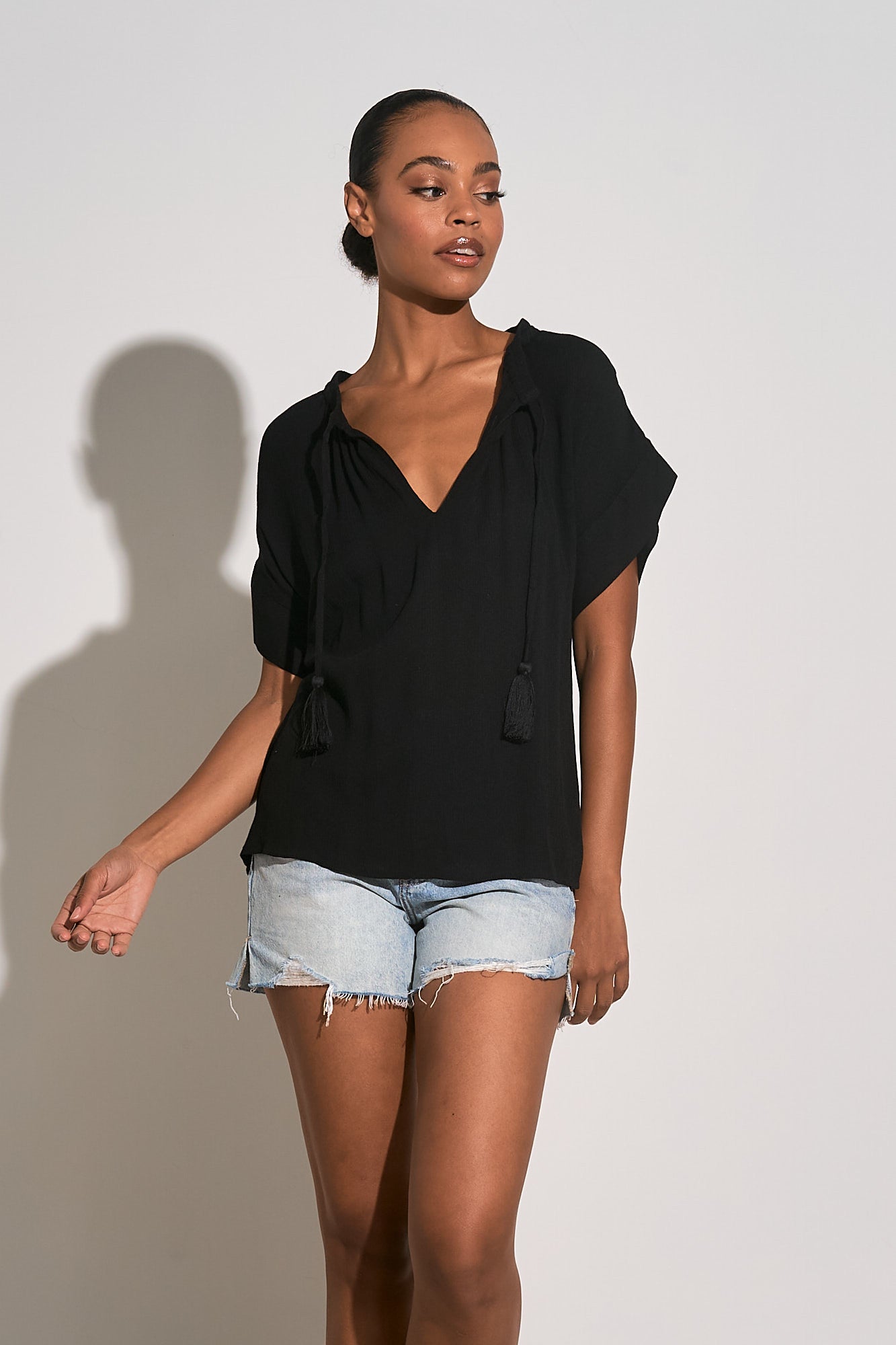 Short Sleeve V-Neck Top - Black