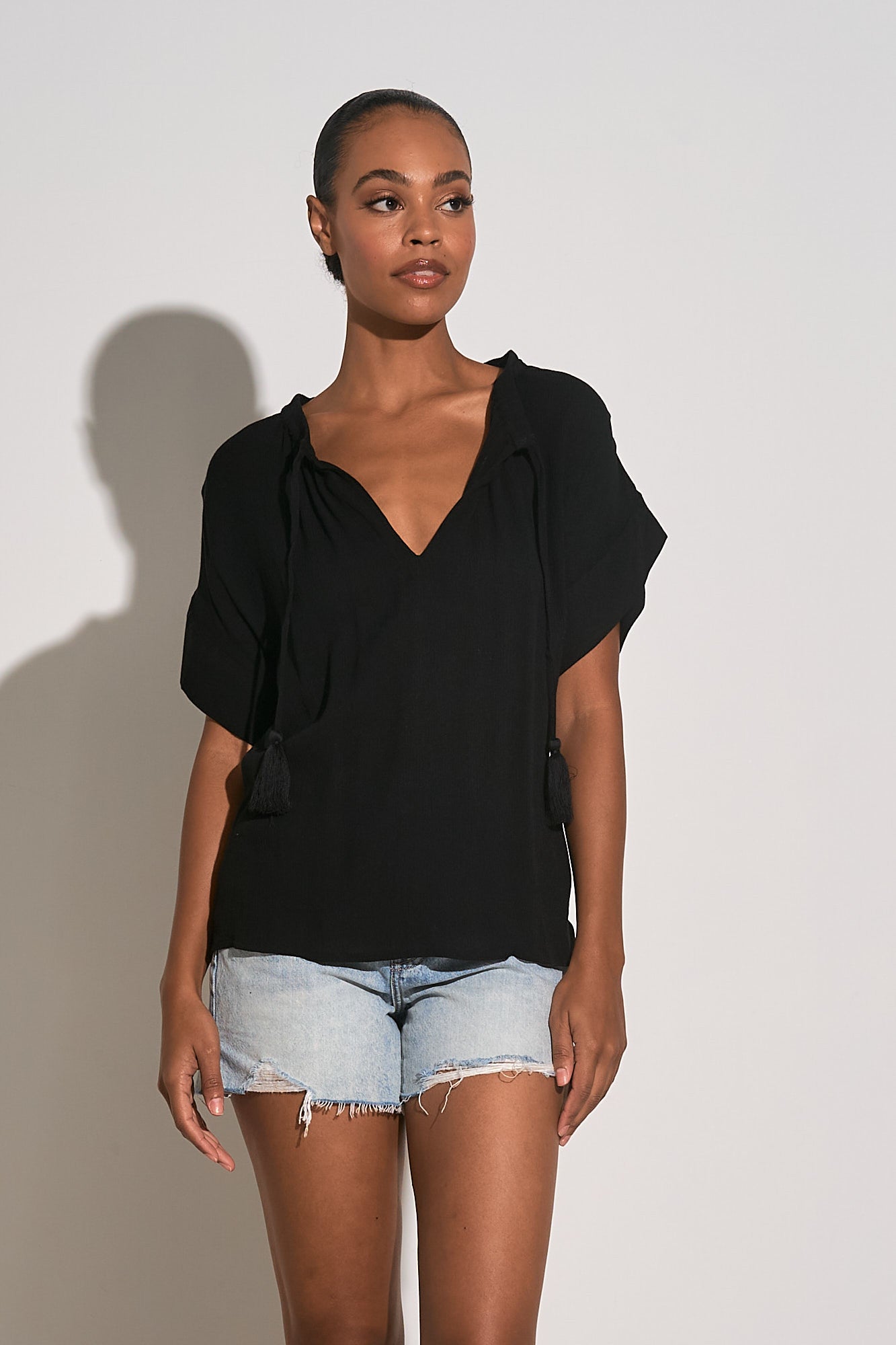 Short Sleeve V-Neck Top - Black