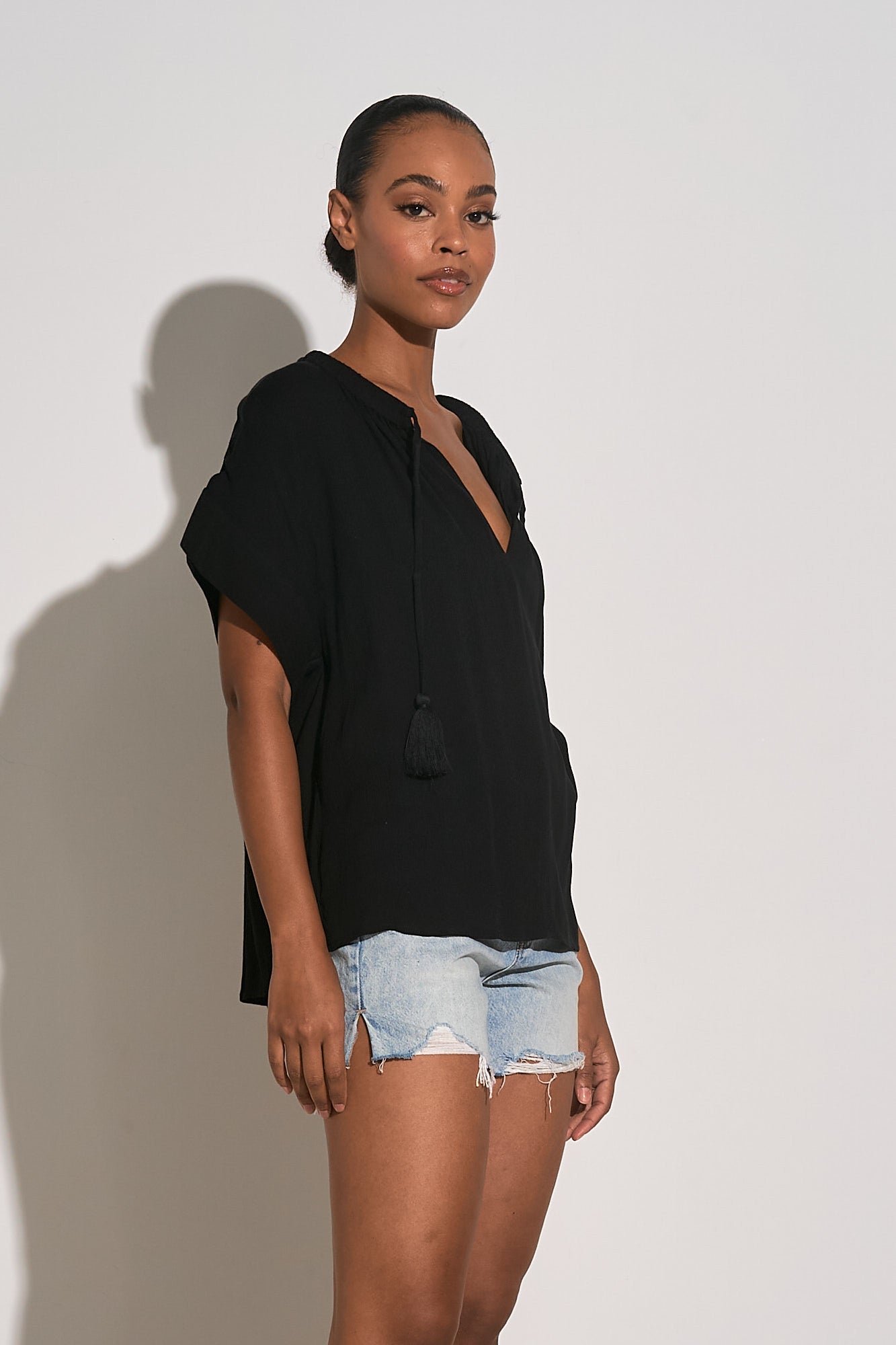 Short Sleeve V-Neck Top - Black