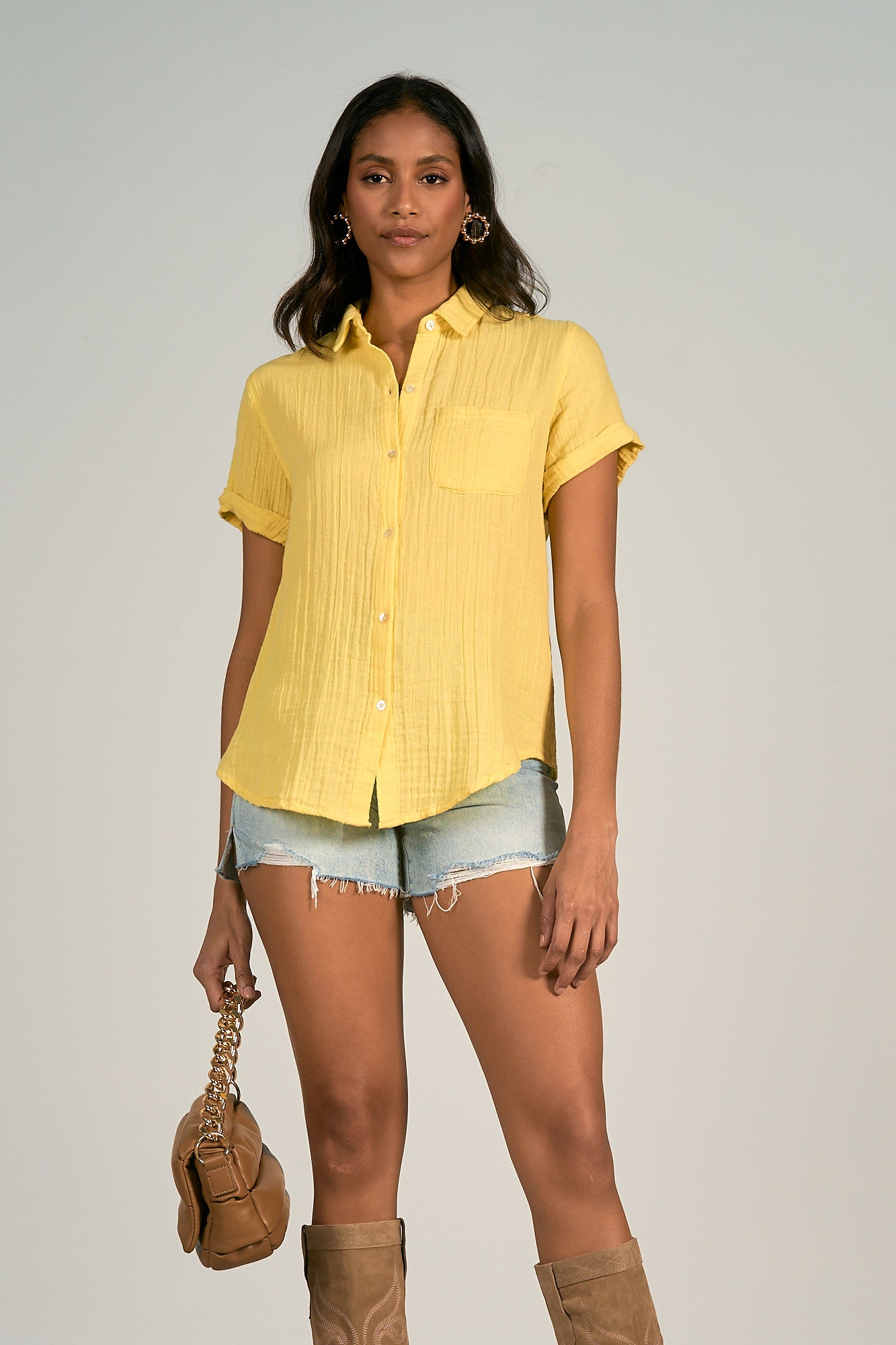 Short Sleeve Button-Down Shirt with Pocket - Yellow