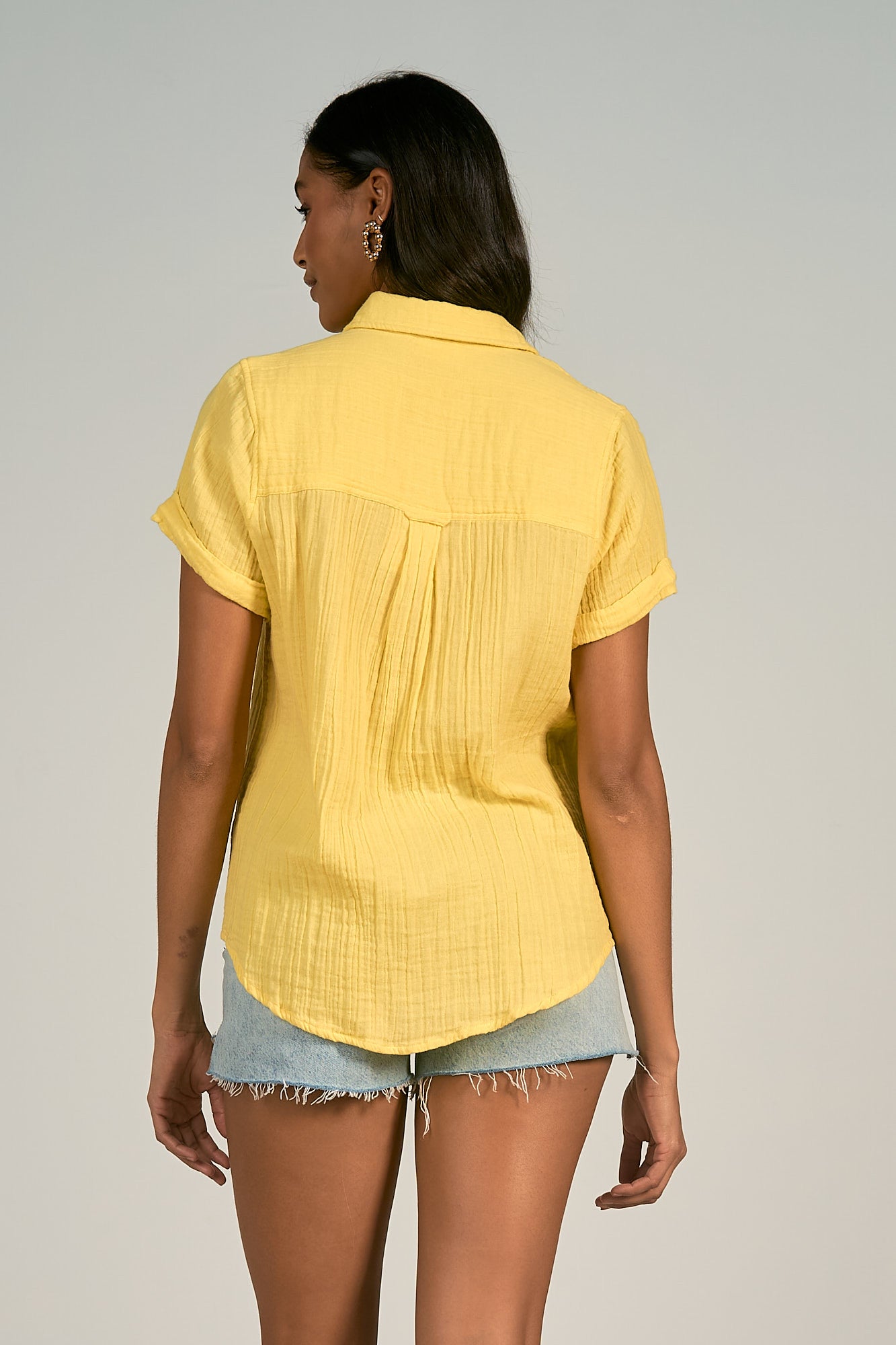 Short Sleeve Button-Down Shirt with Pocket - Yellow