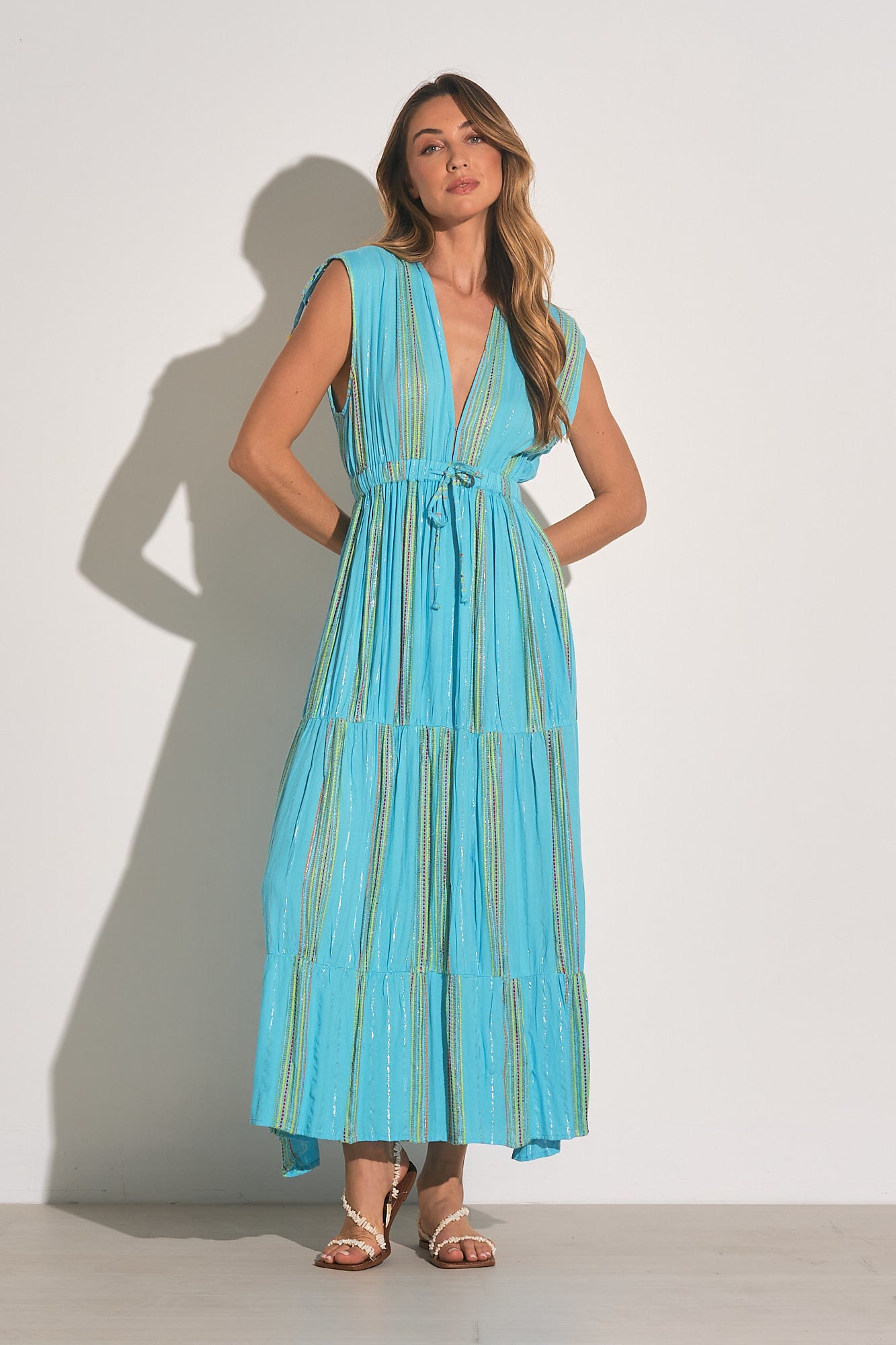 Elan Stripe Deep V-Neck Cover-Up Maxi Dress in Aqua/Lime Stripe at Nordstrom, Size Large