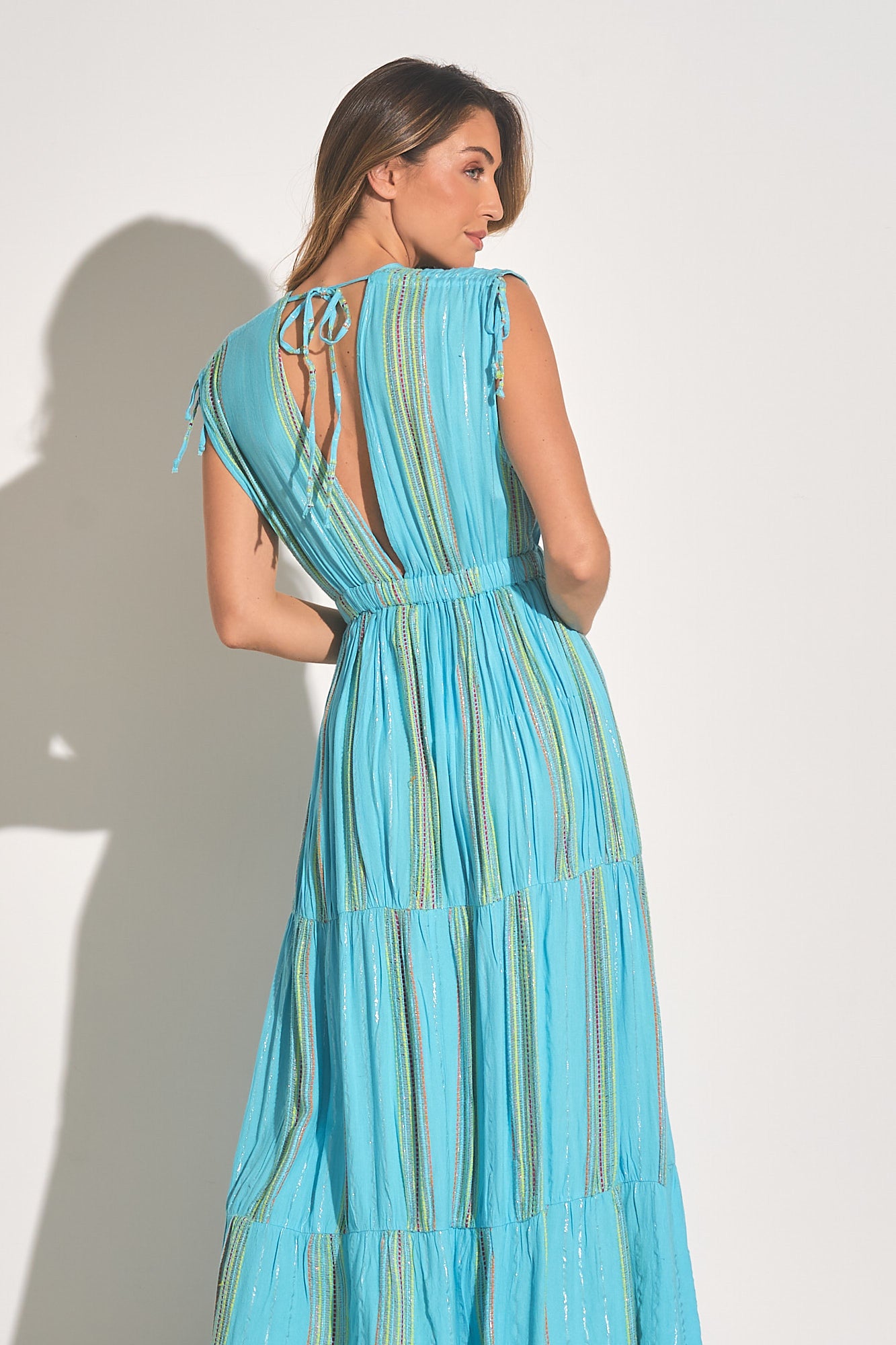 Deep V-Neck Maxi Dress - Aqua Lime Stripe